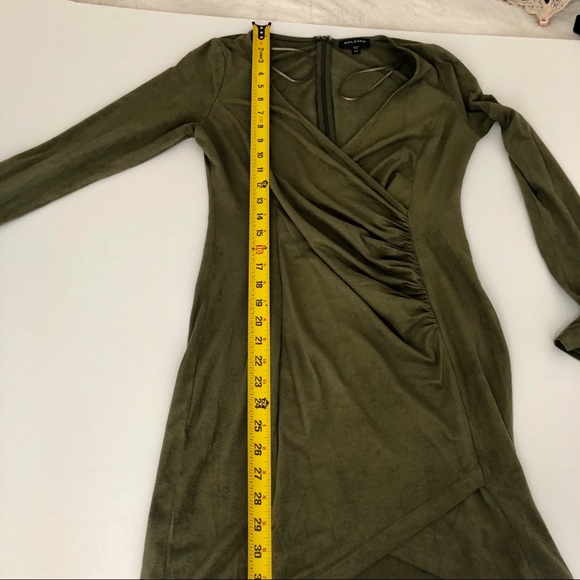 Solemio asymmetrical hem faux suede olive green long sleeve bodycon v-neck dress - Picture 8 of 13